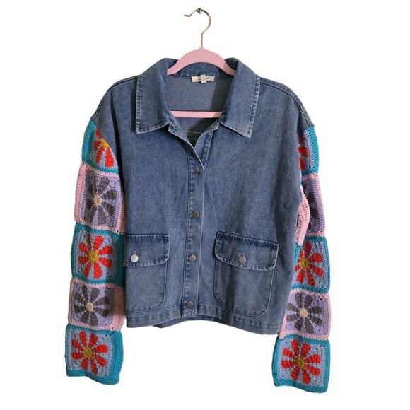 Mystree Crochet Sleeve Medium Wash Denim Jacket Bohemian Size M - Picture 2 of 11